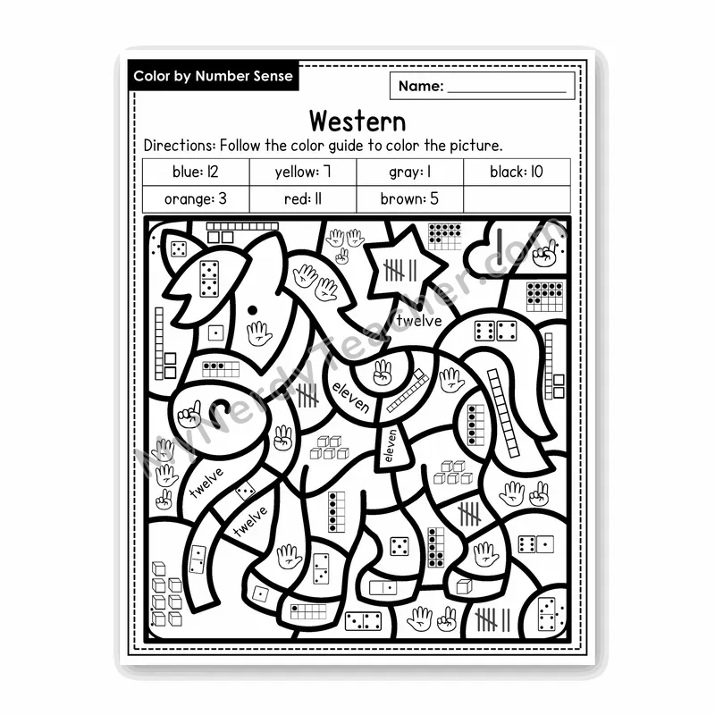 Western Color by Number Sense — Numbers to 20 Worksheet (Set 8)