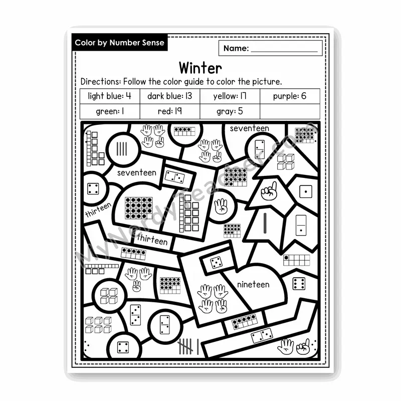 Winter Color by Number Sense — Numbers to 20 Worksheet (Set 3)