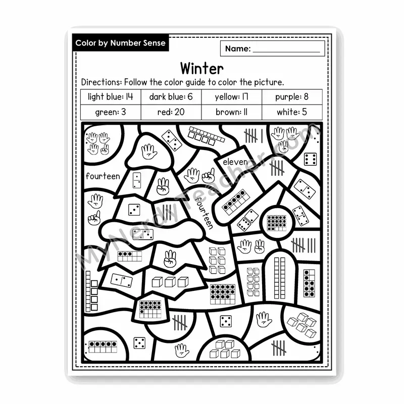 Winter Color by Number Sense — Numbers to 20 Worksheet (Set 2)