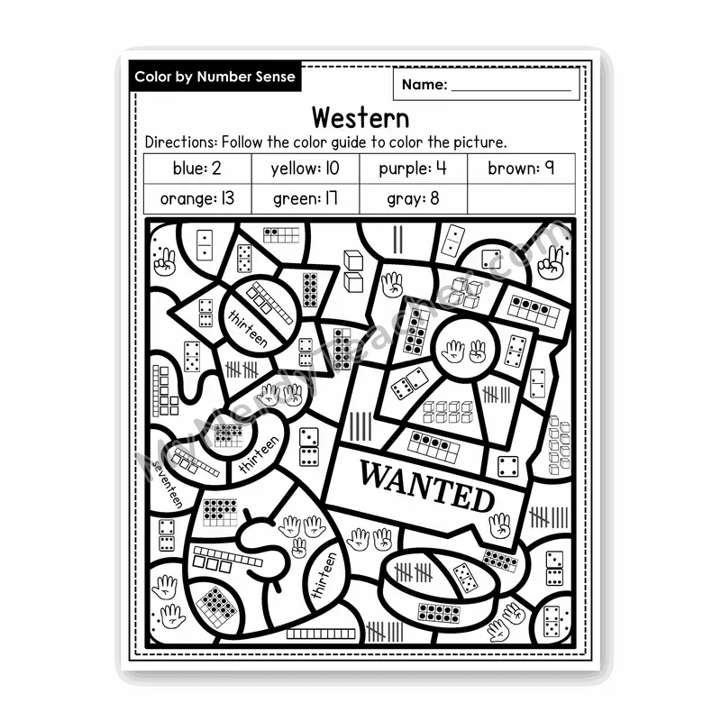 Western Color by Number Sense — Numbers to 20 Worksheet (Set 7)