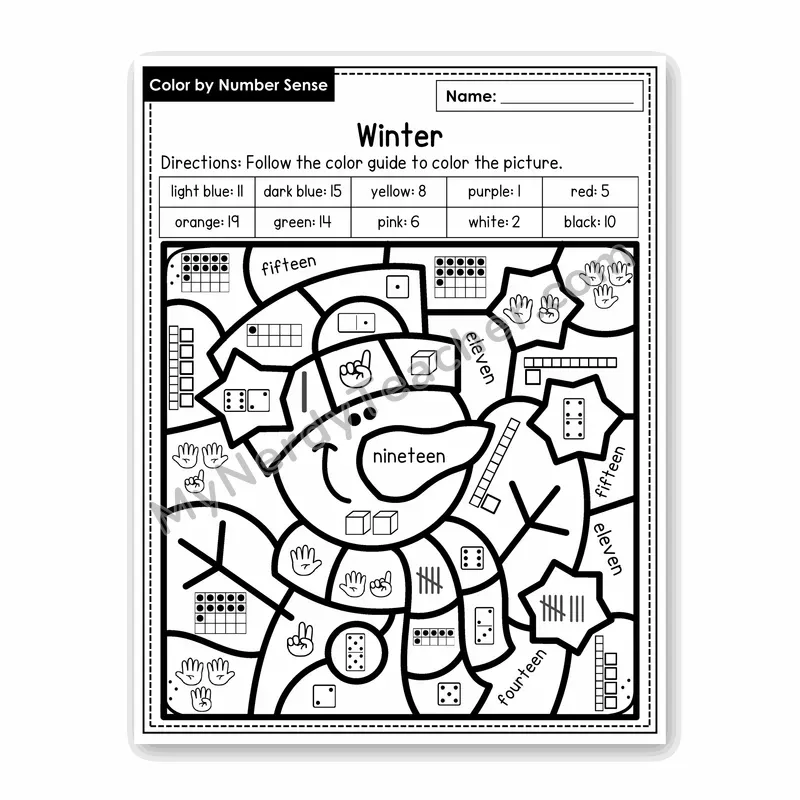 Winter Color by Number Sense — Numbers to 20 Worksheet (Set 8)