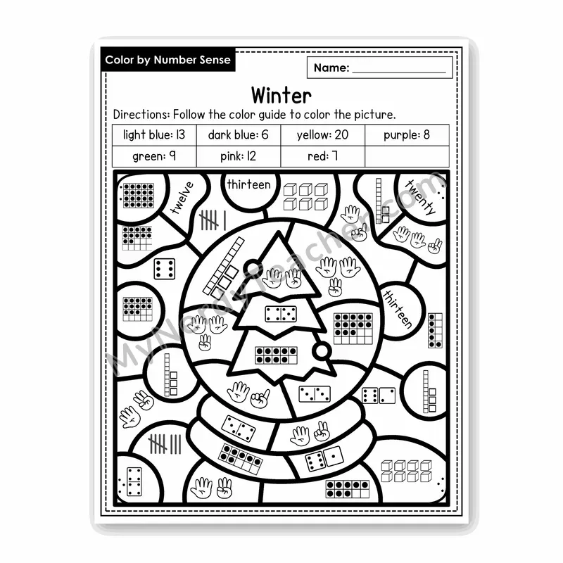 Winter Color by Number Sense — Numbers to 20 Worksheet (Set 6)