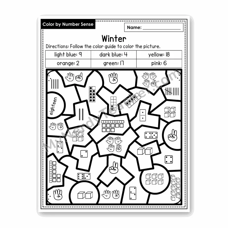 Winter Color by Number Sense — Numbers to 20 Worksheet (Set 7)