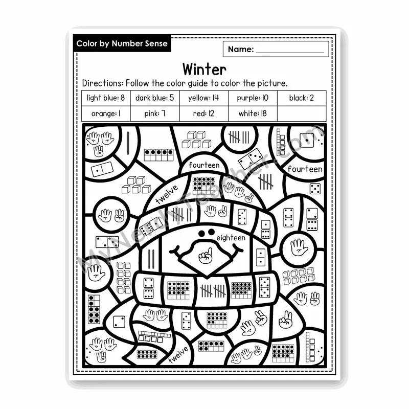 Winter Color by Number Sense — Numbers to 20 Worksheet (Set 4)