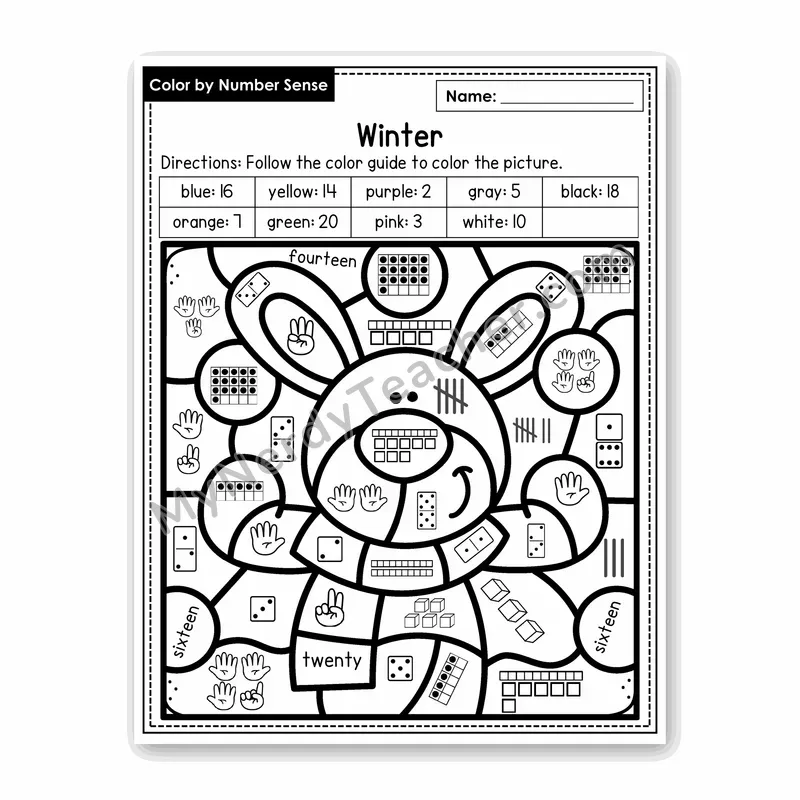 Winter Color by Number Sense — Numbers to 20 Worksheet (Set 5)