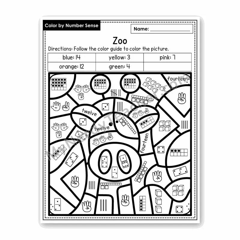Zoo Color by Number Sense — Numbers to 20 Worksheet (Set 3)