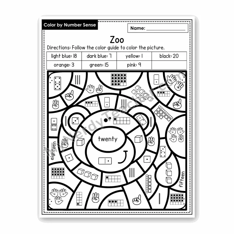 Zoo Color by Number Sense — Numbers to 20 Worksheet (Set 4)