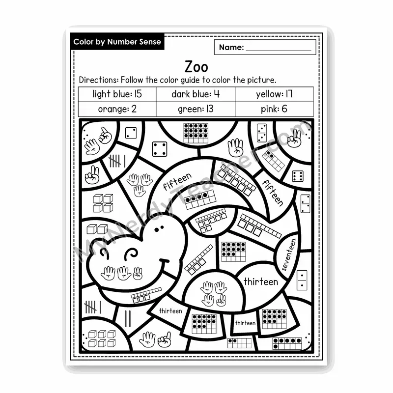 Zoo Color by Number Sense — Numbers to 20 Worksheet (Set 1)