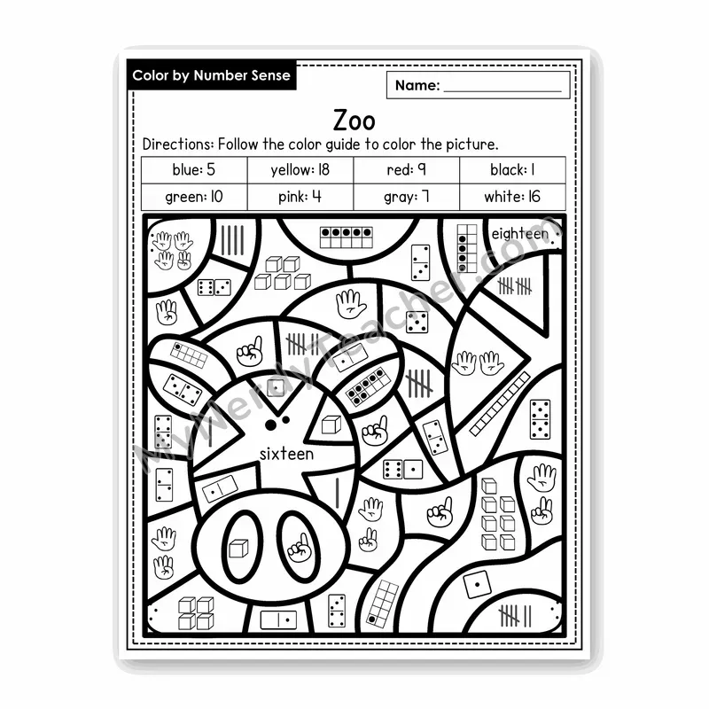 Zoo Color by Number Sense — Numbers to 20 Worksheet (Set 2)