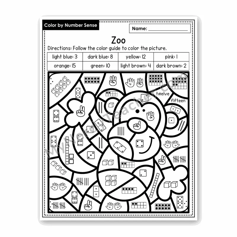 Zoo Color by Number Sense — Numbers to 20 Worksheet (Set 6)
