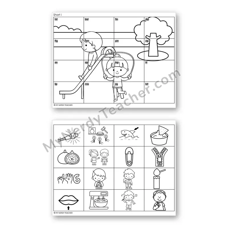 Short I CVC Mystery Picture Puzzle — Black & White