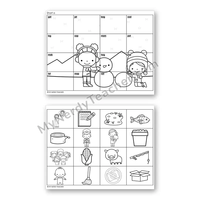 Short O CVC Mystery Picture Puzzle — Black & White