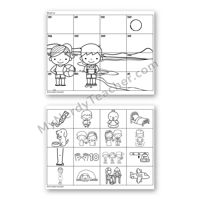 Short E CVC Mystery Picture Puzzle — Black & White