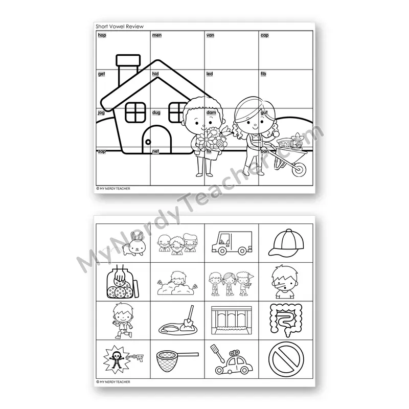 Short Vowels Review CVC Mystery Picture Puzzle — Black & White