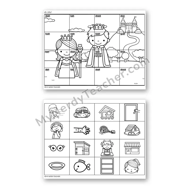 Consonant Digraph SH Mystery Picture Puzzle — Black & White