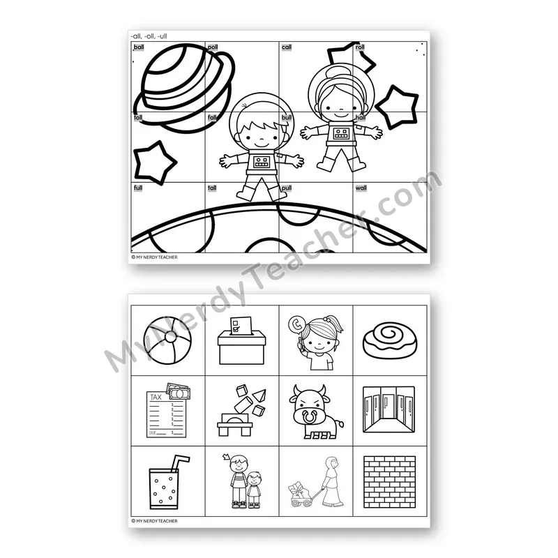 Glued Sounds -all, -oll, -ull Mystery Picture Puzzle — Black & White