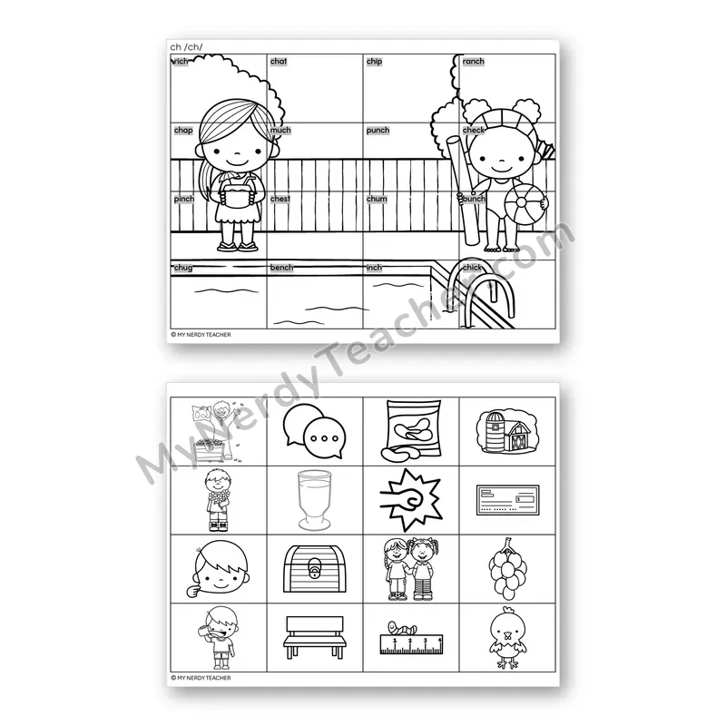 Consonant Digraph CH Mystery Picture Puzzle — Black & White