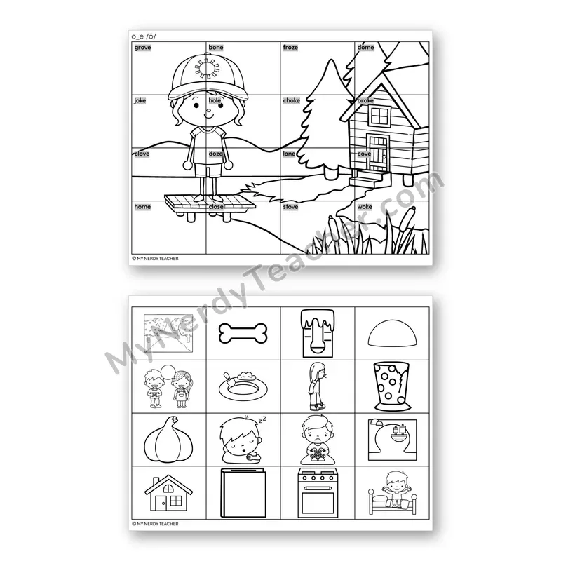 Long O Silent E (o_e) Mystery Picture Puzzle — Black & White