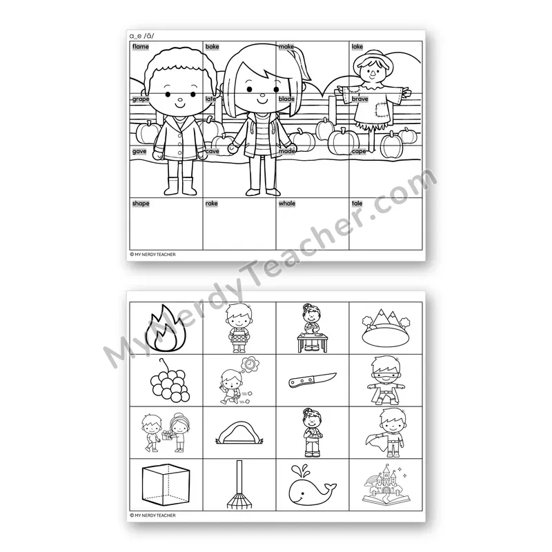 Long A Silent E (a_e) Mystery Picture Puzzle — Black & White