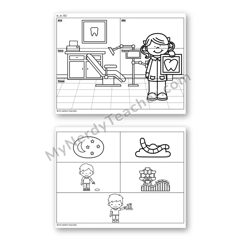 Long E Silent E (e_e) Mystery Picture Puzzle — Black & White