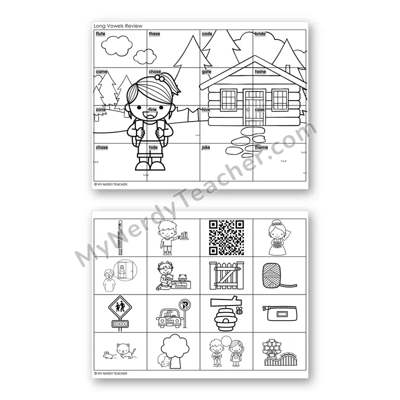 Silent E Long Vowels Review Mystery Picture Puzzle — Black & White