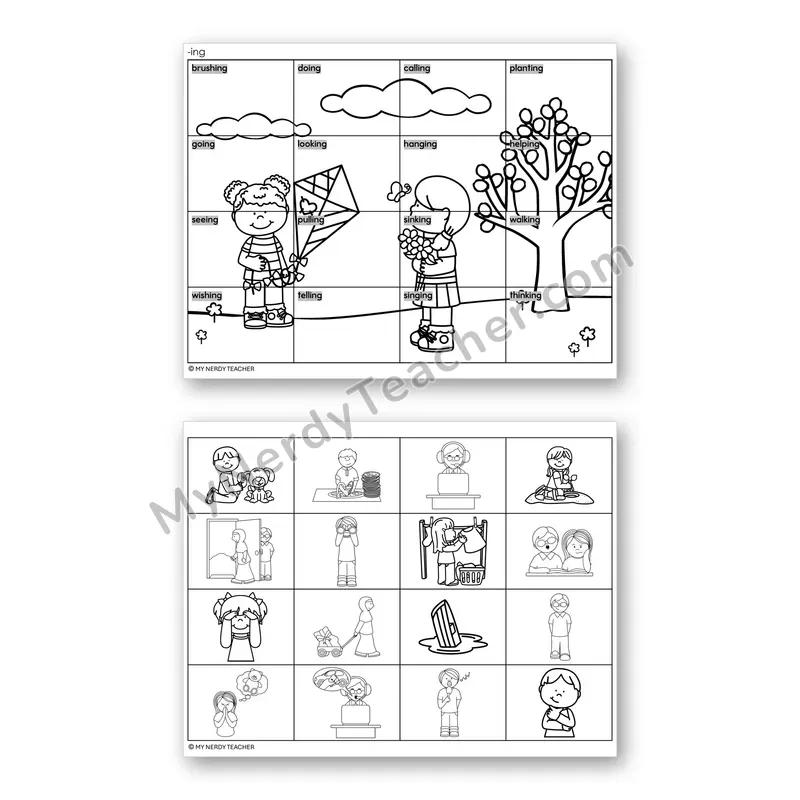 Suffix -ing Mystery Picture Puzzle — Black & White