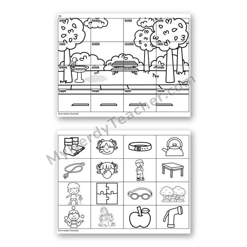 Consonant -le Mystery Picture Puzzle — Black & White