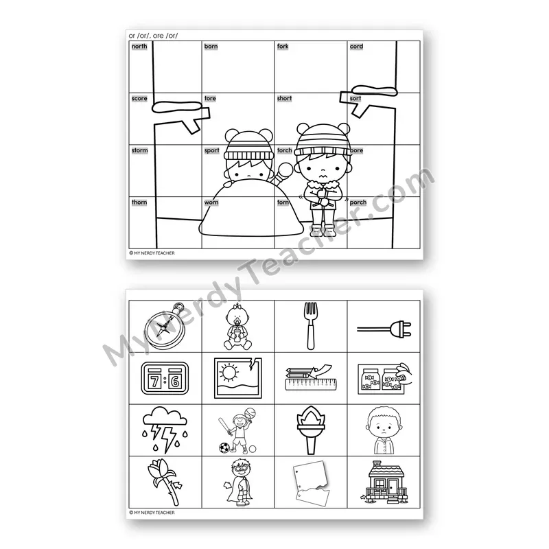 R-Controlled Vowels OR, ORE Mystery Picture Puzzle — Black & White