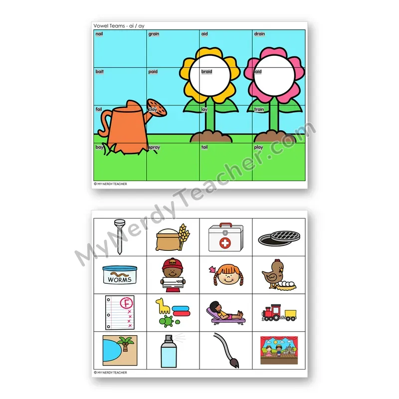 Vowel Teams AI, AY (Long A) Mystery Picture Puzzle — Color
