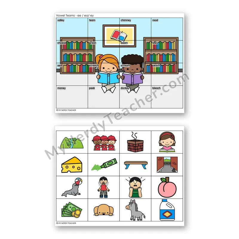 Vowel Teams EE, EA, EY (Long E) Mystery Picture Puzzle — Color