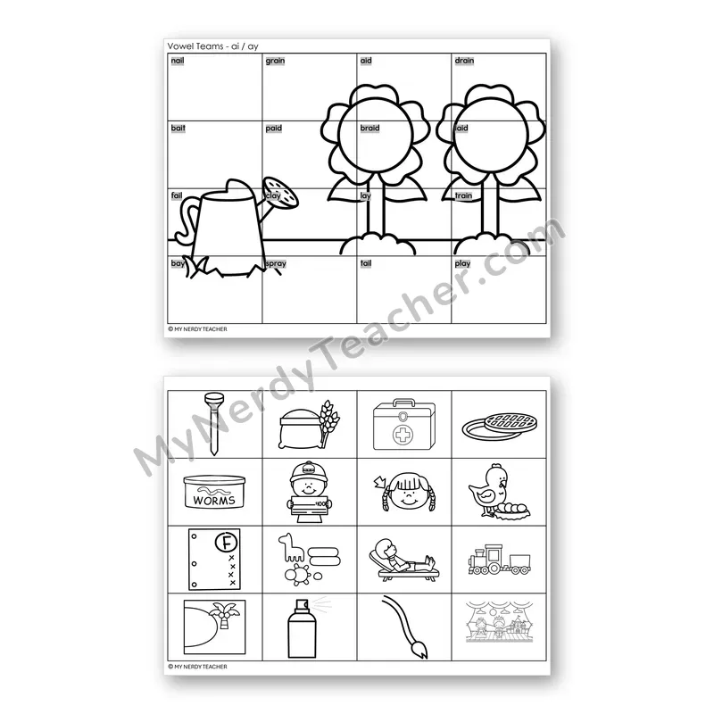 Vowel Teams AI, AY (Long A) Mystery Picture Puzzle — Black & White