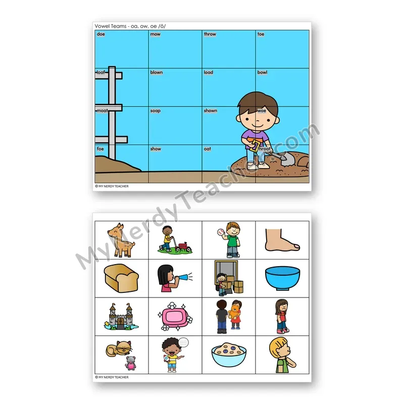 Vowel Teams OA, OW, OE (Long O) Mystery Picture Puzzle — Color
