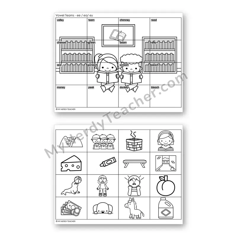 Vowel Teams EE, EA, EY (Long E) Mystery Picture Puzzle — Black & White