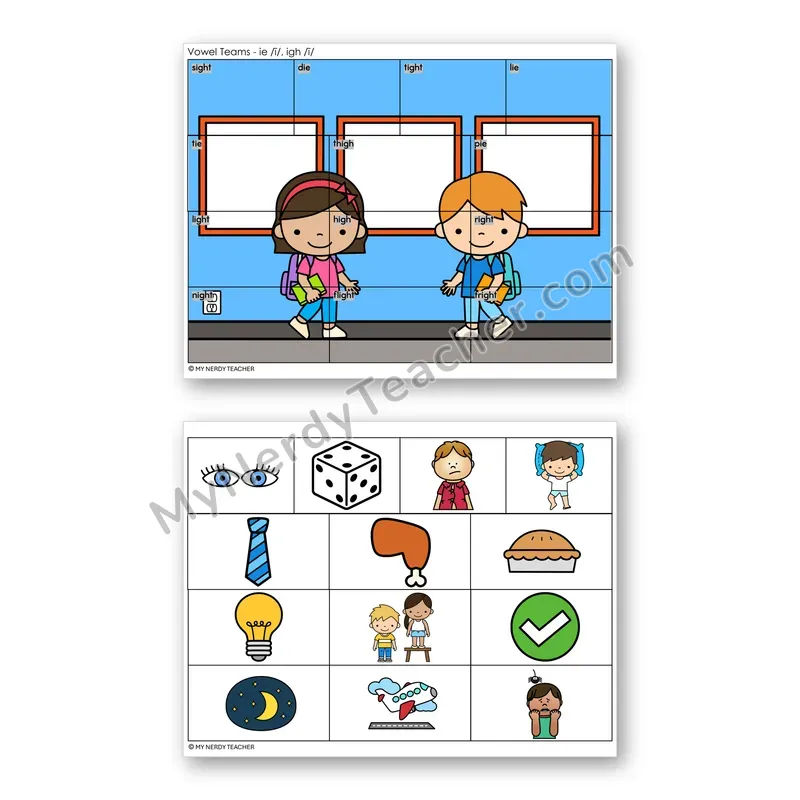 Vowel Teams IE, IGH (Long I) Mystery Picture Puzzle — Color