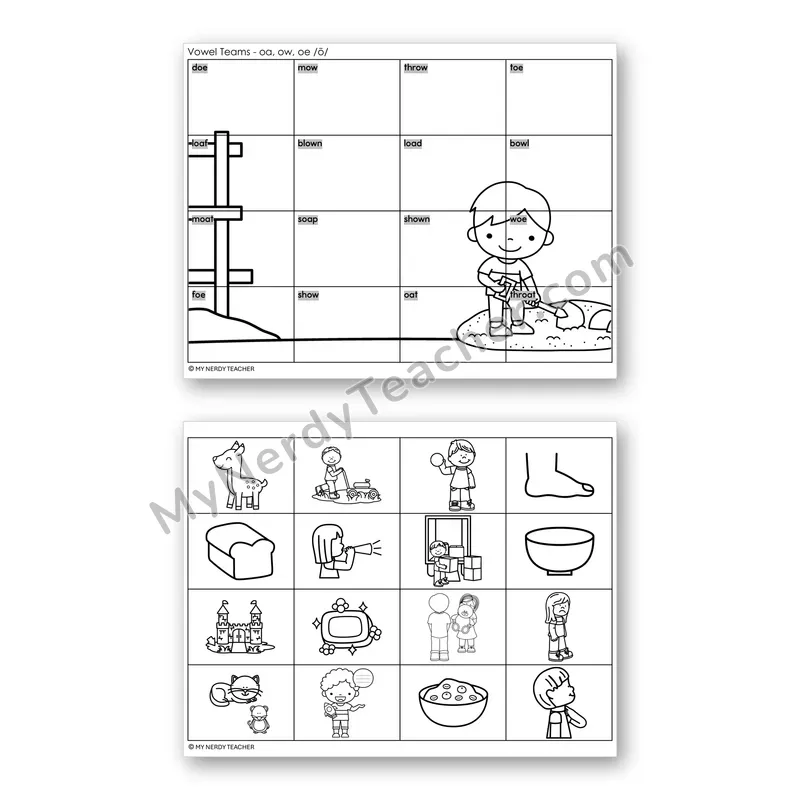 Vowel Teams OA, OW, OE (Long O) Mystery Picture Puzzle — Black & White