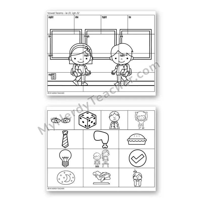 Vowel Teams IE, IGH (Long I) Mystery Picture Puzzle — Black & White