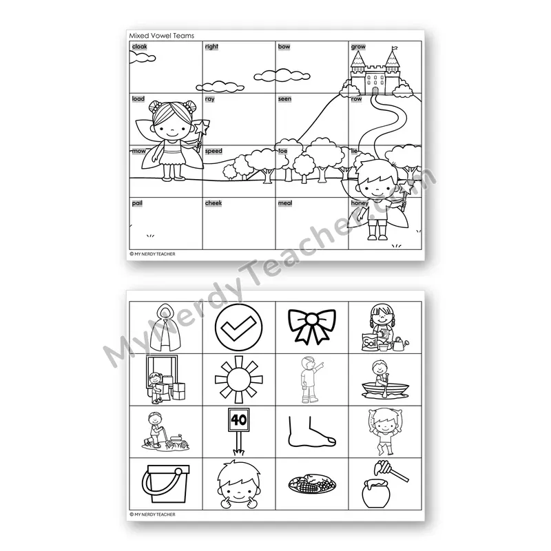 Mixed Long Vowel Teams Review Mystery Picture Puzzle — Black & White