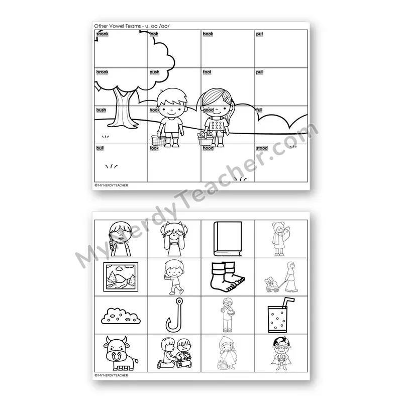 Vowel Teams OO, U (Short oo) Mystery Picture Puzzle — Black & White
