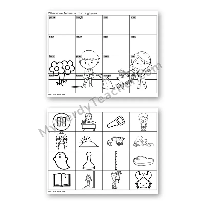 Vowel Teams AU, AW, AUGH Mystery Picture Puzzle — Black & White