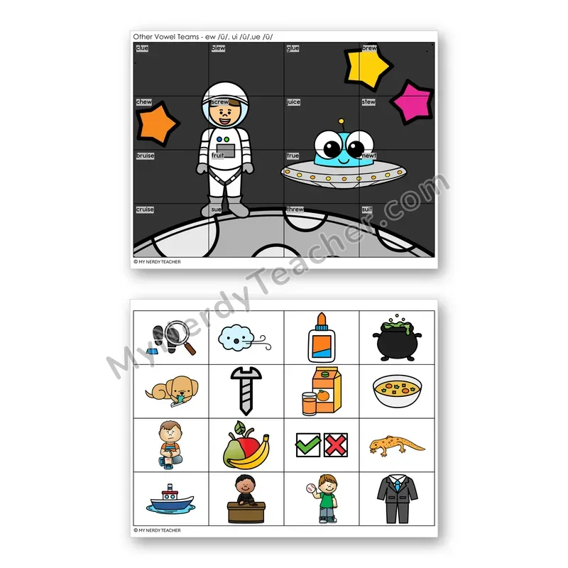 Vowel Teams EW, UI, UE (Long U) Mystery Picture Puzzle — Color