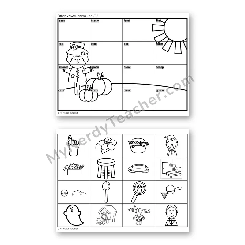 Vowel Team OO (Long oo) Mystery Picture Puzzle — Black & White