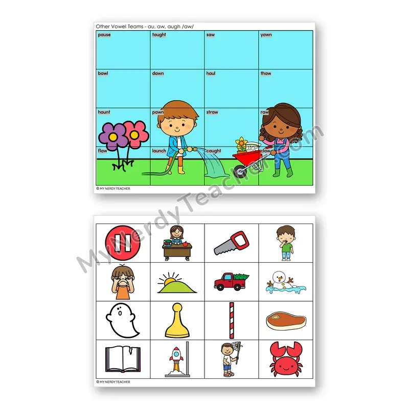 Vowel Teams AU, AW, AUGH Mystery Picture Puzzle — Color