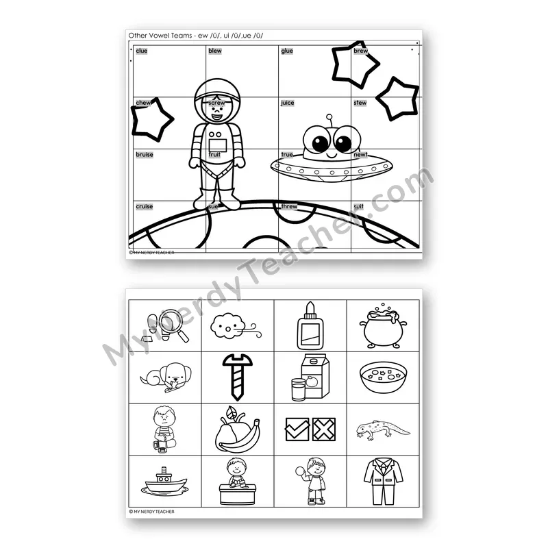 Vowel Teams EW, UI, UE (Long U) Mystery Picture Puzzle — Black & White