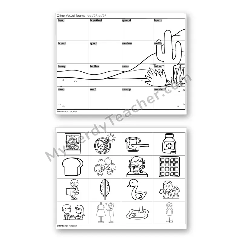 Vowel Teams EA, A (Short e, o) Mystery Picture Puzzle — Black & White