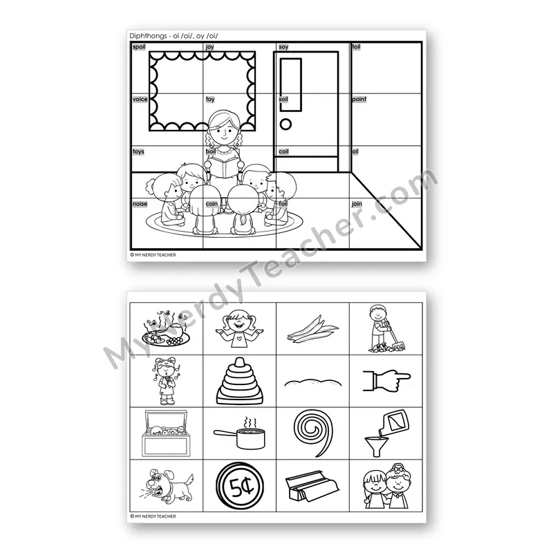 Diphthongs OI, OY Mystery Picture Puzzle — Black & White