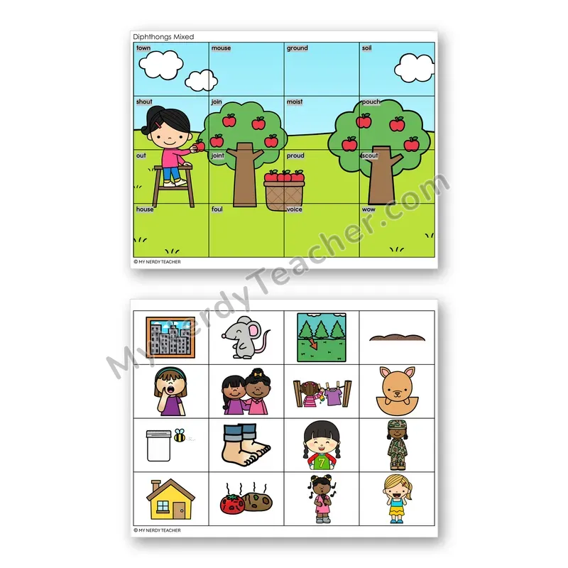 Diphthongs Review Mystery Picture Puzzle — Color