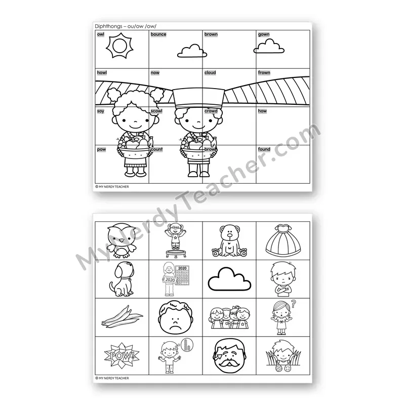 Diphthongs OU, OW Mystery Picture Puzzle — Black & White