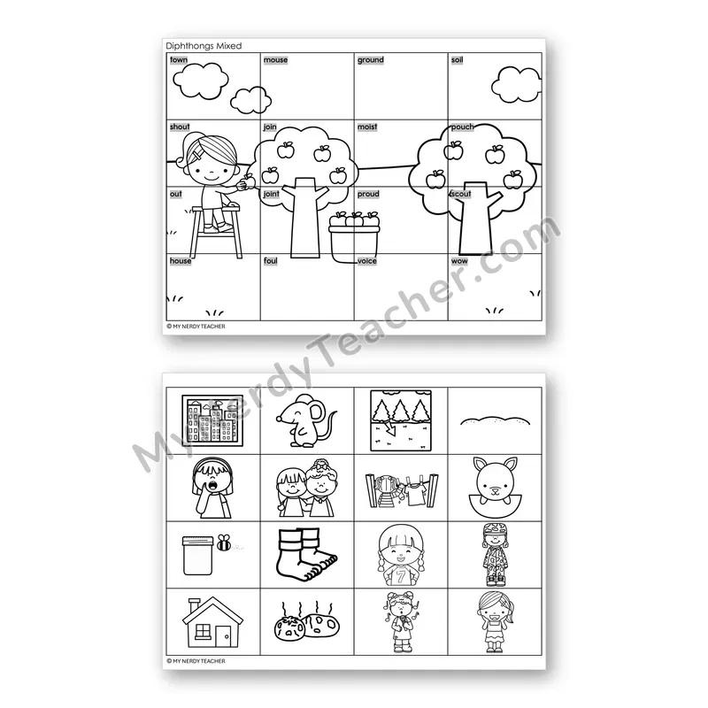 Diphthongs Review Mystery Picture Puzzle — Black & White