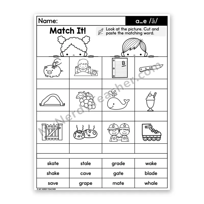 a_e (Long A, Silent E) Cut and Paste Worksheet