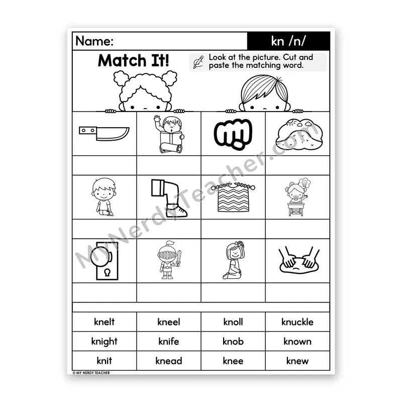 Silent Letter kn Cut and Paste Worksheet